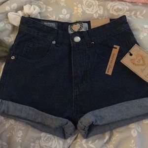 Boohoo dark denim high waisted mom shorts